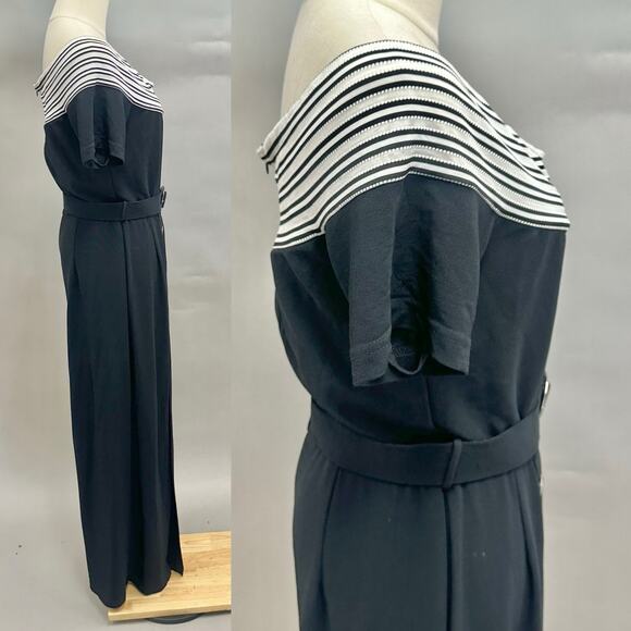 Vintage 90s Cache black slinky sailor nautical jumpsuit size 10 wide‎ slit leg - Picture 6 of 16